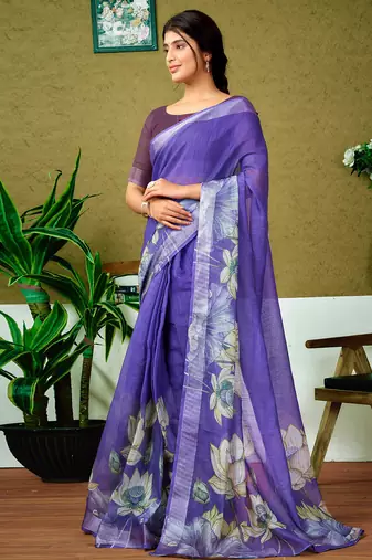 pre-stitched purple linen zari screen printed zari saree
