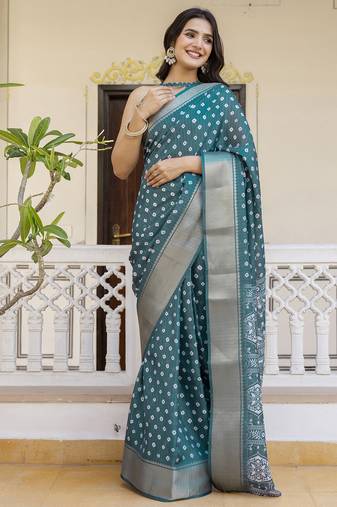 Green silk zari screen printed woven bandhani ceremony, party and festive ready to wear saree with blouse