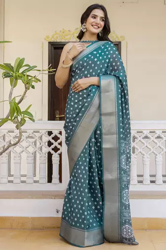 Green silk zari screen printed woven bandhani ceremony, party and festive ready to wear saree with blouse