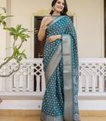 ready to wear green silk zari screen printed woven bandhani ceremony, party and festive saree with blouse
