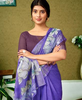 pre-stitched purple linen zari screen printed zari saree 4