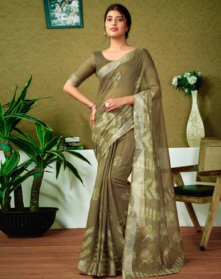 ready to wear green linen zari screen printed zari saree 1