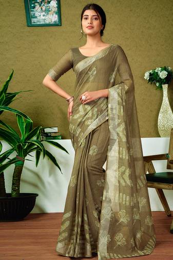 Green linen zari screen printed zari work ceremony and festival ready to wear saree with blouse