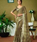 ready to wear green linen zari screen printed zari saree with blouse