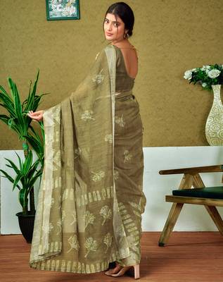 ready to wear green linen zari screen printed zari saree 2