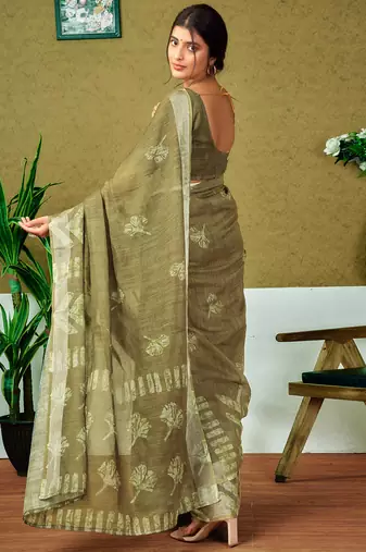 ready to wear green linen zari screen printed zari saree
