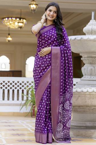 Purple silk zari screen printed woven bandhani zari work party and festive ready to wear saree with blouse