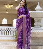 ready to wear purple silk zari screen printed woven bandhani zari work party and festive saree with blouse