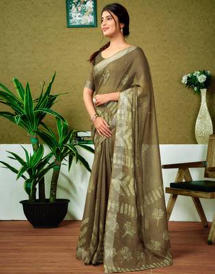 ready to wear green linen zari screen printed zari saree 3