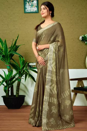 ready to wear green linen zari screen printed zari saree