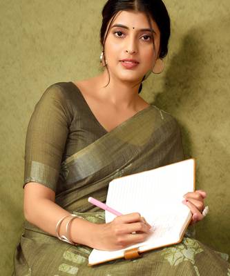 ready to wear green linen zari screen printed zari saree 4