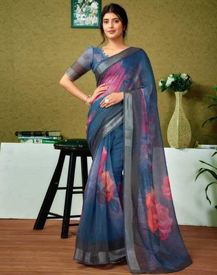 pre draped multicolor and blue linen zari screen printed zari saree 1