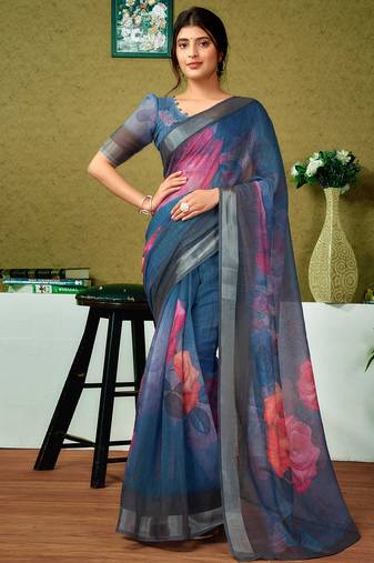Multicolor and blue linen zari screen printed zari work ceremony and festival ready to wear saree with blouse