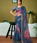 ready to wear multicolor and blue linen zari screen printed zari saree with blouse