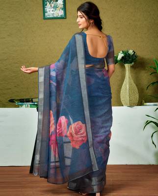 pre draped multicolor and blue linen zari screen printed zari saree 2