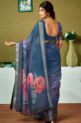pre draped multicolor and blue linen zari screen printed zari saree