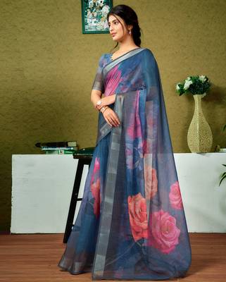 pre draped multicolor and blue linen zari screen printed zari saree 3