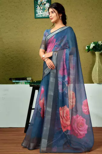 pre draped multicolor and blue linen zari screen printed zari saree