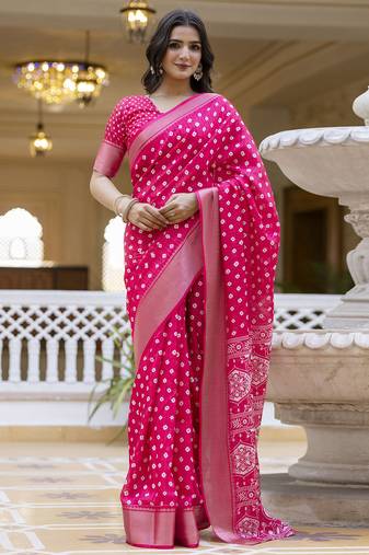 Pink silk zari screen printed woven bandhani zari work ceremony, party and festive ready to wear saree with blouse