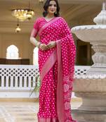 ready to wear pink silk zari screen printed woven bandhani zari work ceremony, party and festive saree with blouse
