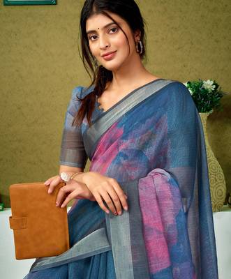 pre draped multicolor and blue linen zari screen printed zari saree 4