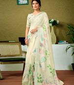 ready to wear multicolor and cream linen zari screen printed zari saree with blouse