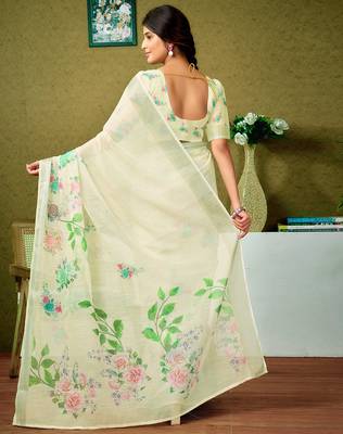 ready made multicolor and cream linen zari screen printed zari saree 2