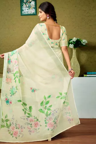 ready made multicolor and cream linen zari screen printed zari saree