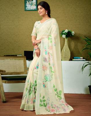 ready made multicolor and cream linen zari screen printed zari saree 3