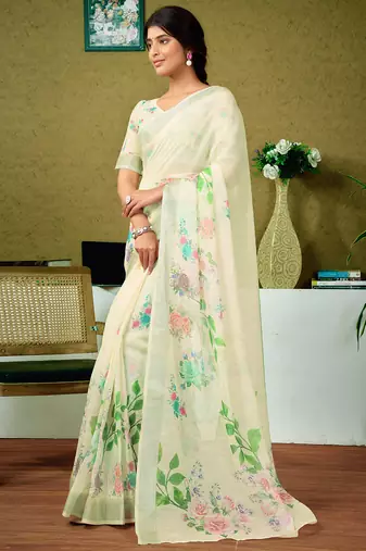 ready made multicolor and cream linen zari screen printed zari saree
