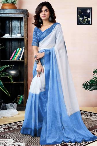 White and blue linen screen printed zari work pocket party and festive ready to wear saree with blouse