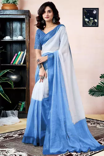 White and blue linen screen printed zari work pocket party and festive ready to wear saree with blouse