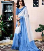 ready to wear white and blue linen screen printed zari work pocket party and festive saree with blouse