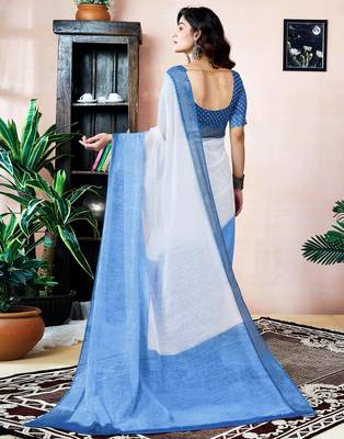pre draped white and blue linen screen printed zari work pocket party and festive saree 2