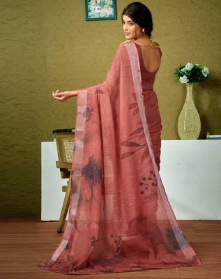 pre-stitched brown linen zari screen printed zari saree 2
