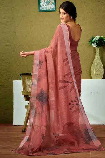 pre-stitched brown linen zari screen printed zari saree