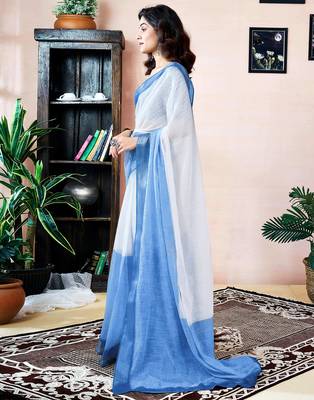 pre draped white and blue linen screen printed zari work pocket party and festive saree 3