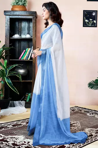 pre draped white and blue linen screen printed zari work pocket party and festive saree