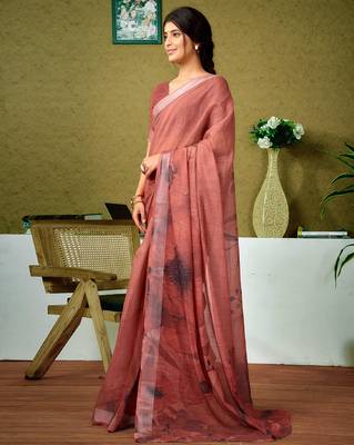 pre-stitched brown linen zari screen printed zari saree 3