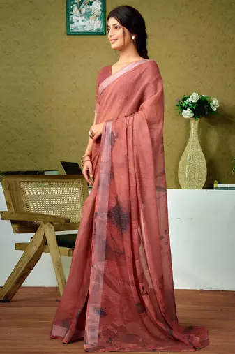 pre-stitched brown linen zari screen printed zari saree