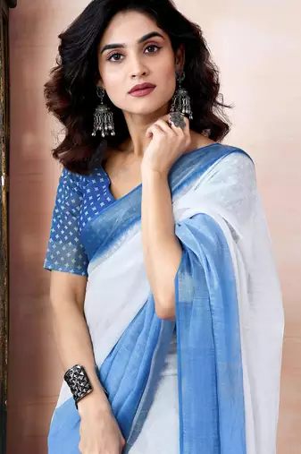 pre draped white and blue linen screen printed zari work pocket party and festive saree