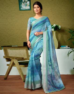 ready to wear green and blue linen zari screen printed zari saree 1