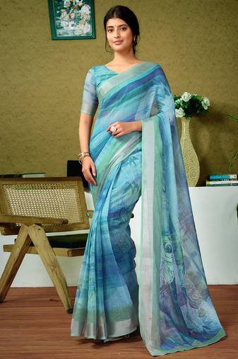 Green and blue linen zari screen printed zari work ceremony and festival ready to wear saree with blouse