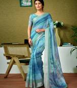 ready to wear green and blue linen zari screen printed zari saree with blouse