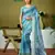 ready to wear green and blue linen zari screen printed zari saree with blouse