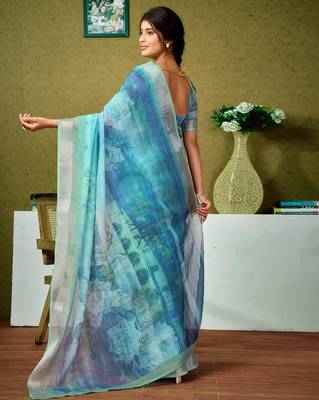 ready to wear green and blue linen zari screen printed zari saree 2