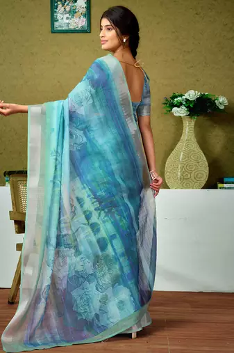 ready to wear green and blue linen zari screen printed zari saree