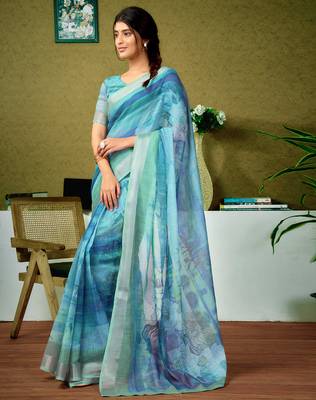 ready to wear green and blue linen zari screen printed zari saree 3