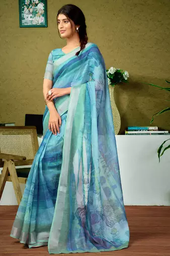 ready to wear green and blue linen zari screen printed zari saree