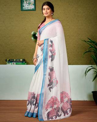 pre draped multicolor and off-white linen zari screen printed zari saree 1